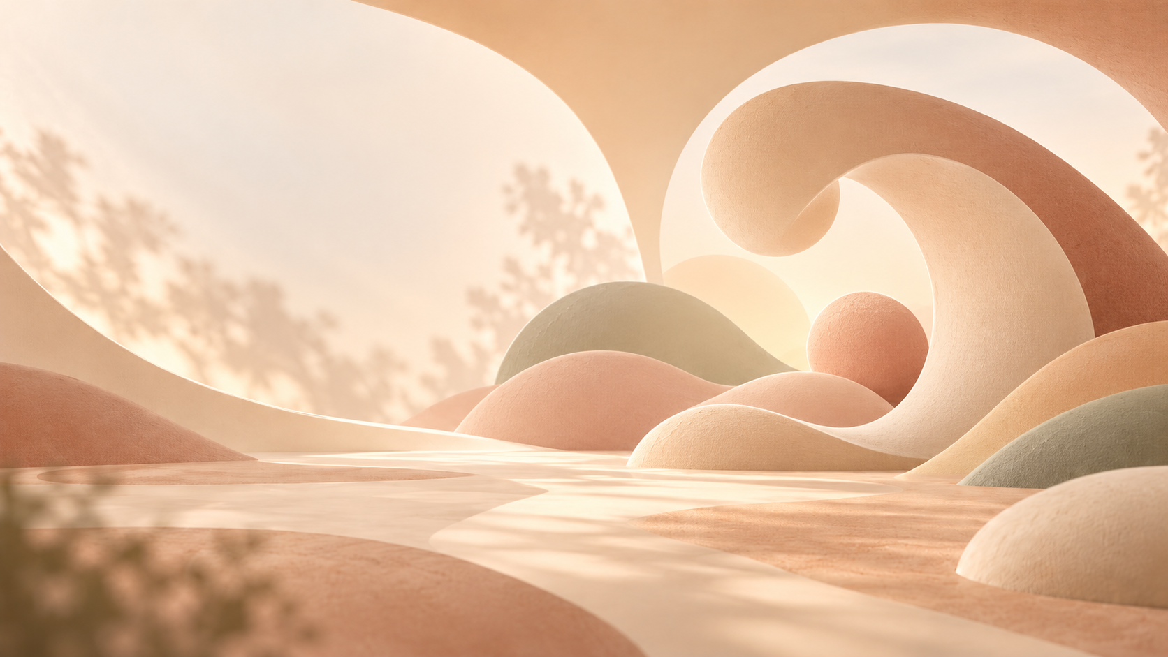 Paisaje abstracto de curvas envolventes en tonos cálidos, con luz suave y reflejos sobre el agua.